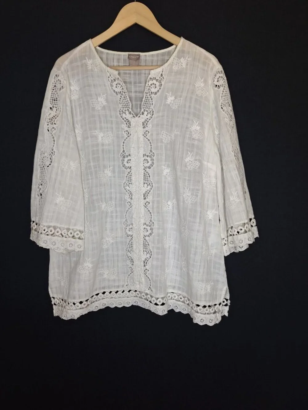💙 Chico’s Oversized Size L/XL White Embroidered Lace Tunic Blouse Cotton Boho - Picture 1 of 8